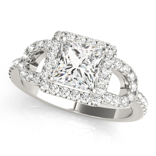 Princess Cut Halo Curved Split Shank Engagement Ring - Michael E. Minden Diamond Jewelers