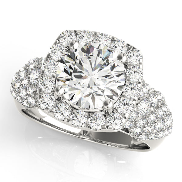 Round Cut Square Halo Multi-Stone Detail Engagement Ring - Michael E. Minden Diamond Jewelers