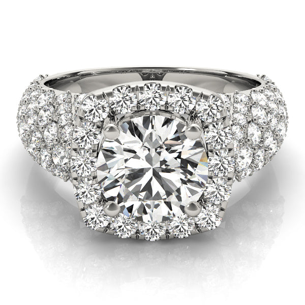 Round Cut Square Halo Multi-Stone Detail Engagement Ring - Michael E. Minden Diamond Jewelers