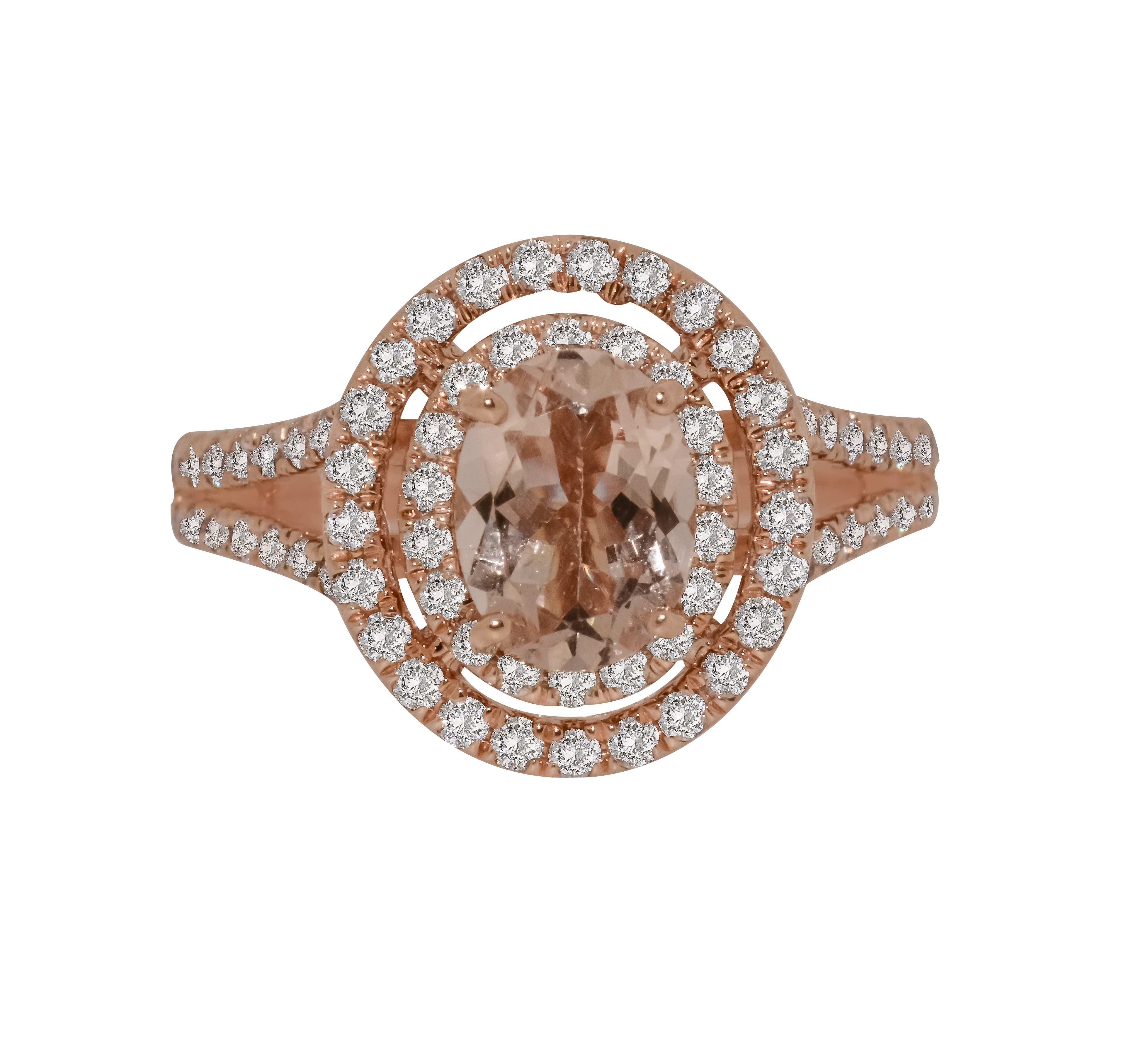 Rose Gold Double Diamond Halo Oval Morganite Anniversary Ring - Michael E. Minden Diamond Jewelers