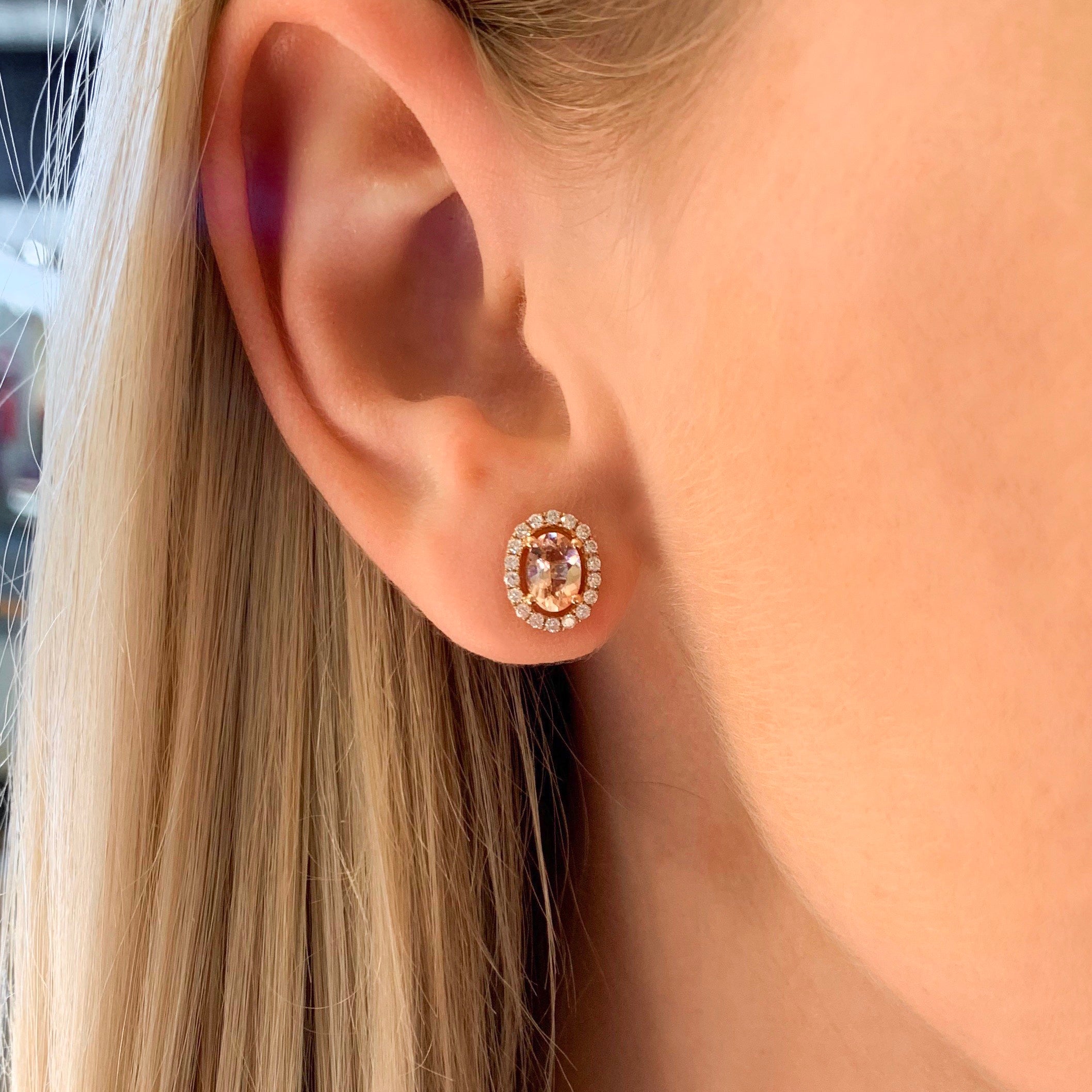 Oval Morganite Diamond Halo Earrings - Michael E. Minden Diamond Jewelers
