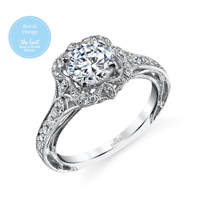 Round Floral Halo with Milgrain Detail Engagement Ring - Michael E. Minden Diamond Jewelers