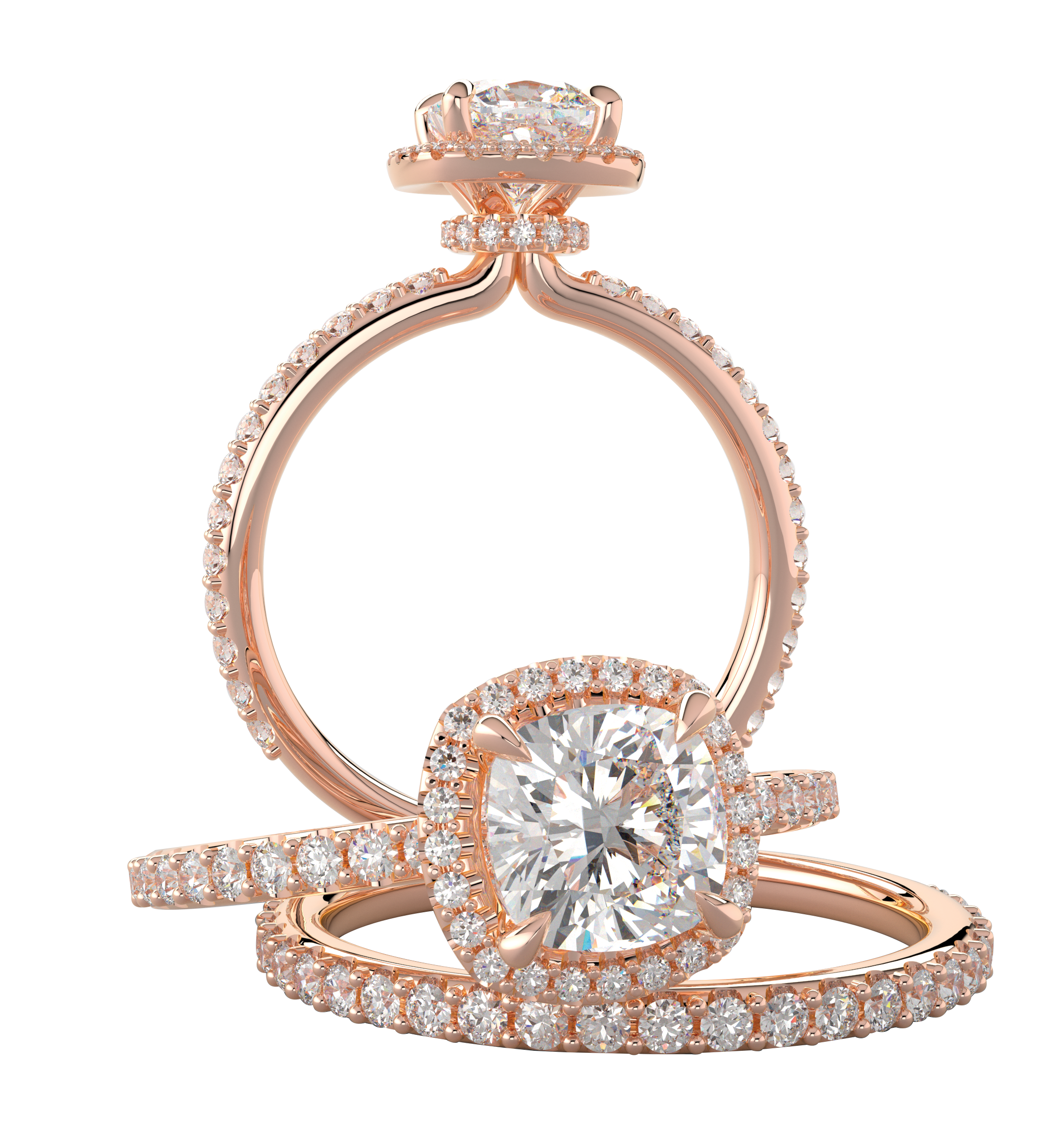 Rose Gold Cushion Halo Wedding Set with Hidden Under Halo - Michael E. Minden Diamond Jewelers