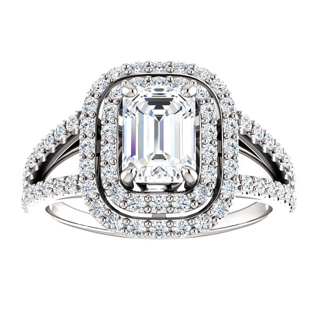 Emerald Double Halo Split Shank Engagement Ring - Michael E. Minden Diamond Jewelers