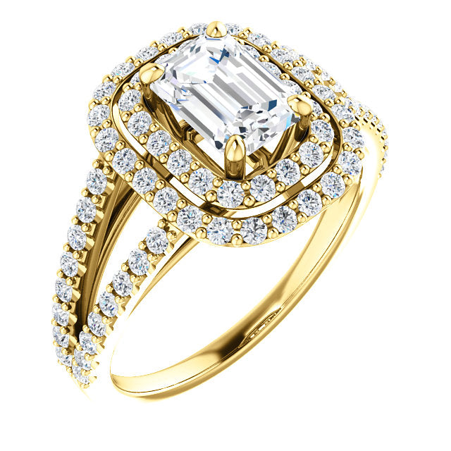 Emerald Double Halo Split Shank Engagement Ring - Michael E. Minden Diamond Jewelers