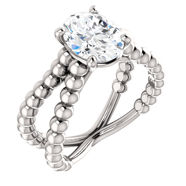 Oval Beaded Solitaire 'X' Ring - Michael E. Minden Diamond Jewelers