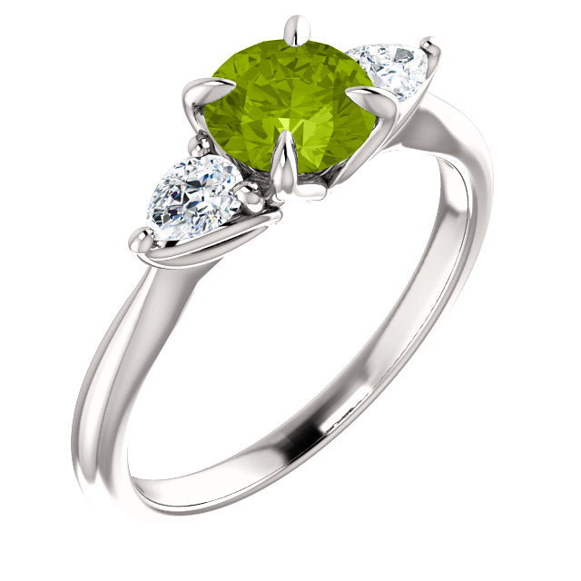 Colored Stone (Peridot) Three-Stone Round and Pear Engagement Ring - Michael E. Minden Diamond Jewelers
