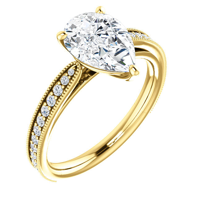 Pear Shape Milgrain Solitaire Engagement Ring - Michael E. Minden Diamond Jewelers