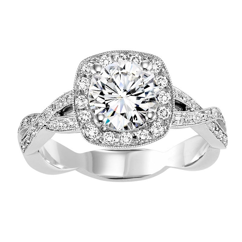 Round Cut with Square Halo Twisted Engagement Ring - Michael E. Minden Diamond Jewelers