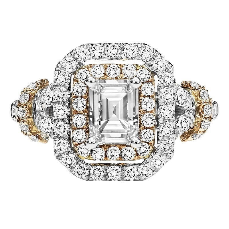 Emerald Double Halo Two-Tone Detail Engagement Ring - Michael E. Minden Diamond Jewelers