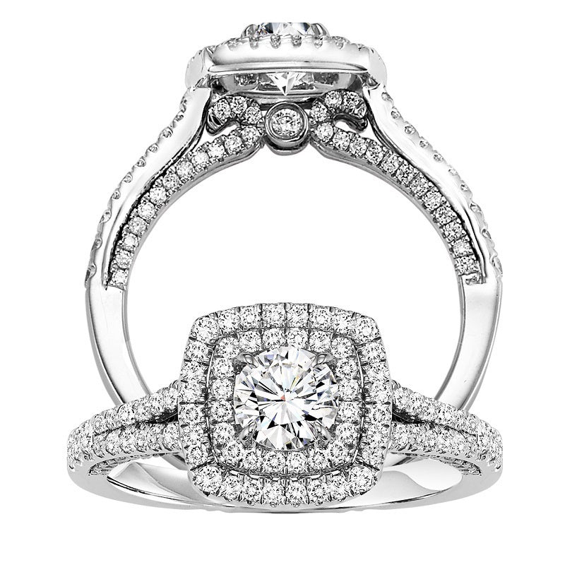Round Cut Square Halo Split Shank Engagement Ring - Michael E. Minden Diamond Jewelers