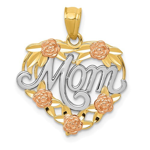 14K Two-Tone "Mom" Rose Heart Pendant - Michael E. Minden Diamond Jewelers