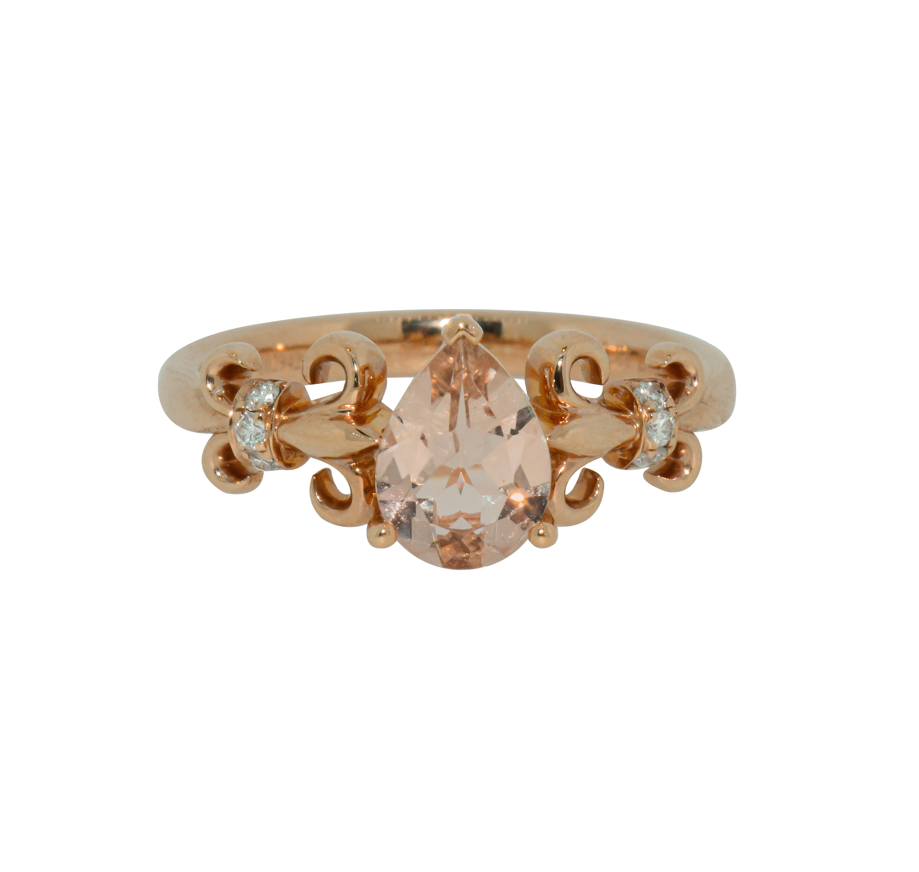 Rose Gold Fleur-de-lis Ring with Pear Shaped Morganite Anniversary Ring - Michael E. Minden Diamond Jewelers