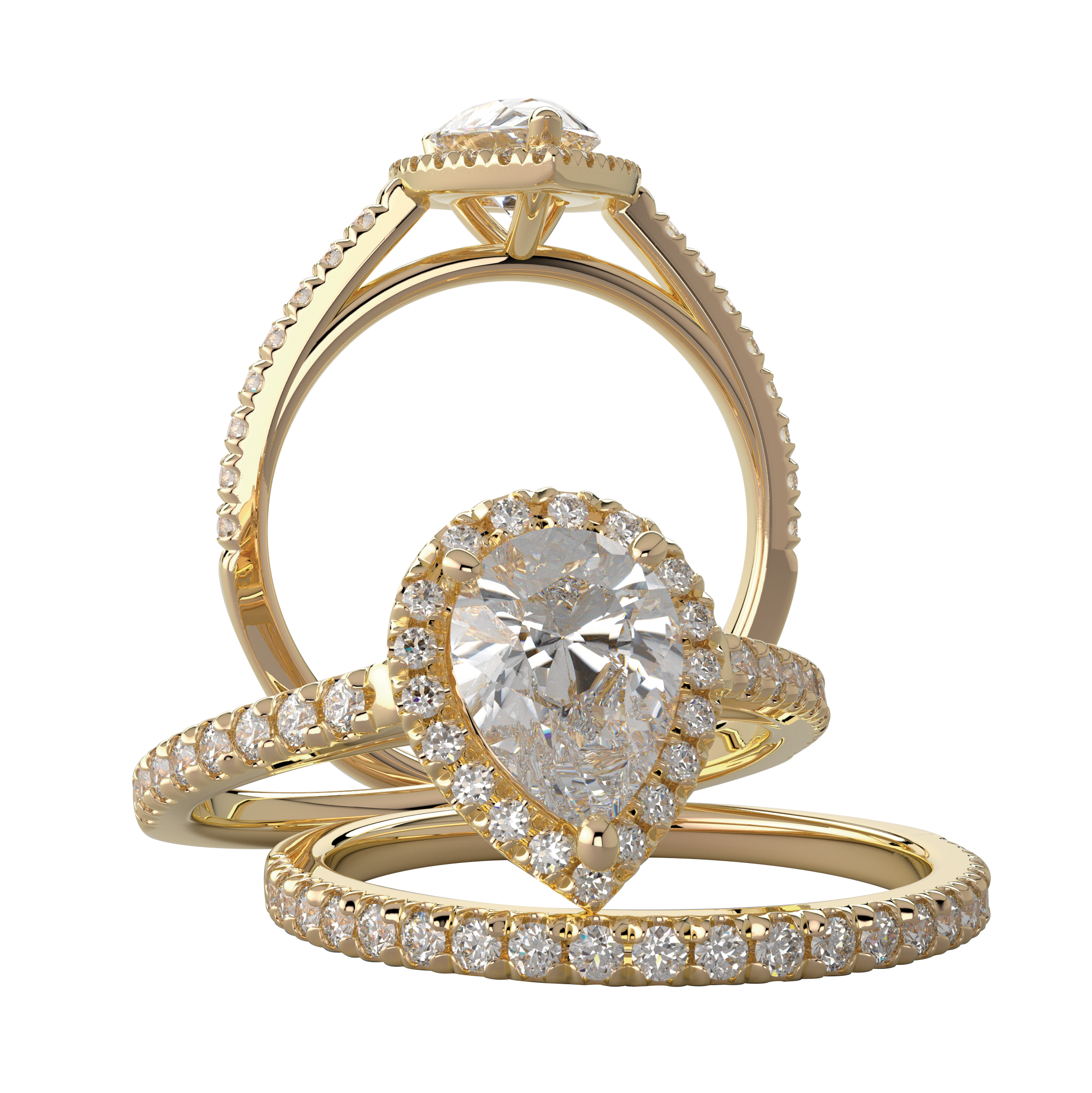 Yellow Gold Pear Halo Wedding Ring Set - Michael E. Minden Diamond Jewelers