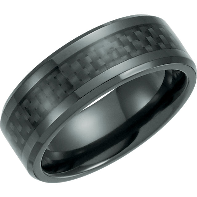 Black Titanium & Carbon Inlay Beveled Men's Wedding Ring - Michael E. Minden Diamond Jewelers