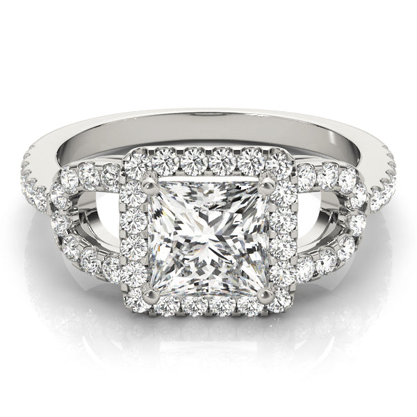 Princess Cut Halo Curved Split Shank Engagement Ring - Michael E. Minden Diamond Jewelers