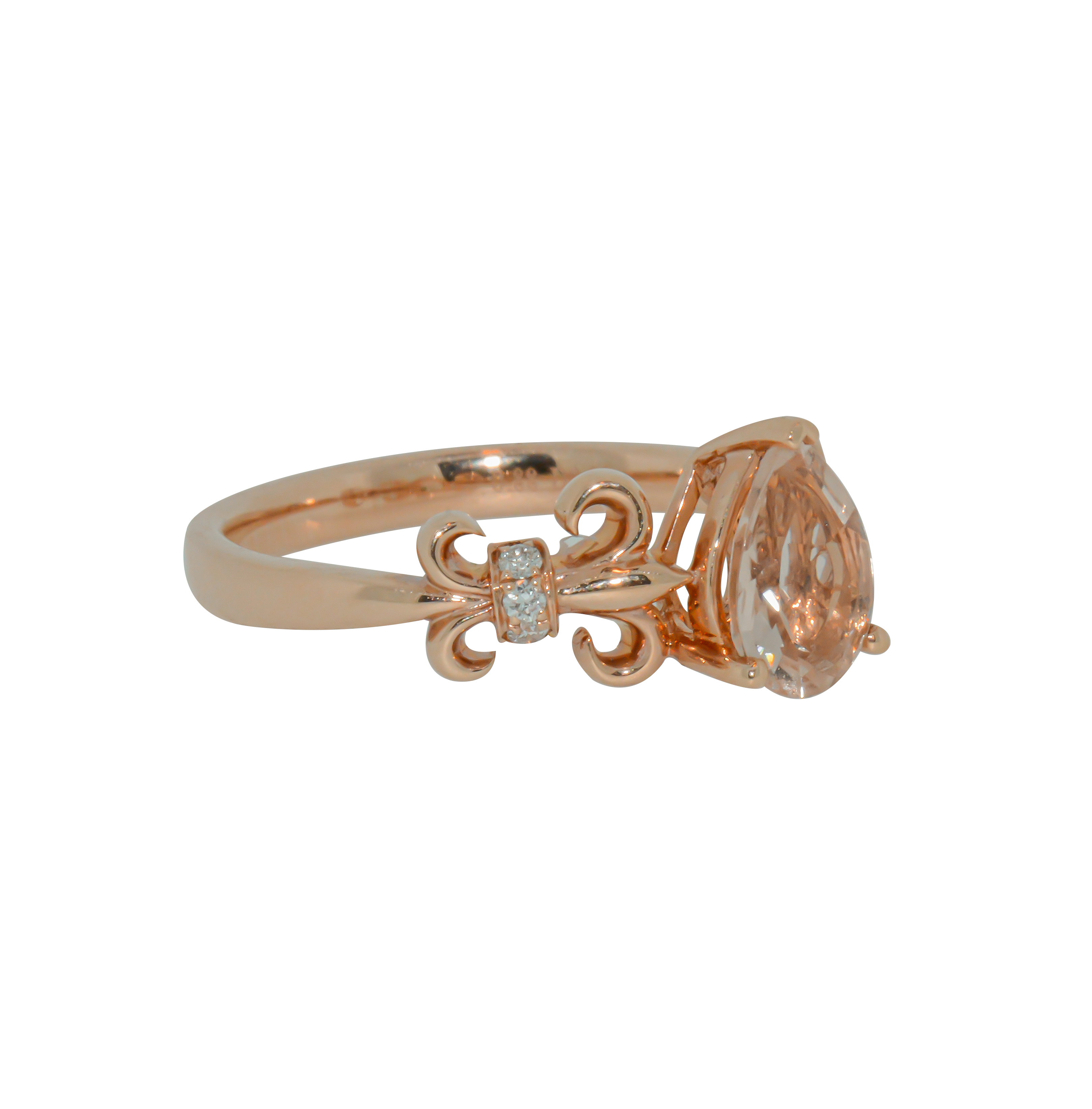 Rose Gold Fleur-de-lis Ring with Pear Shaped Morganite Anniversary Ring - Michael E. Minden Diamond Jewelers