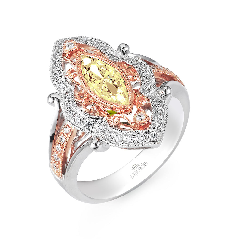 Colored Diamond Marquise Two-Tone Halo Engagement Ring - Michael E. Minden Diamond Jewelers