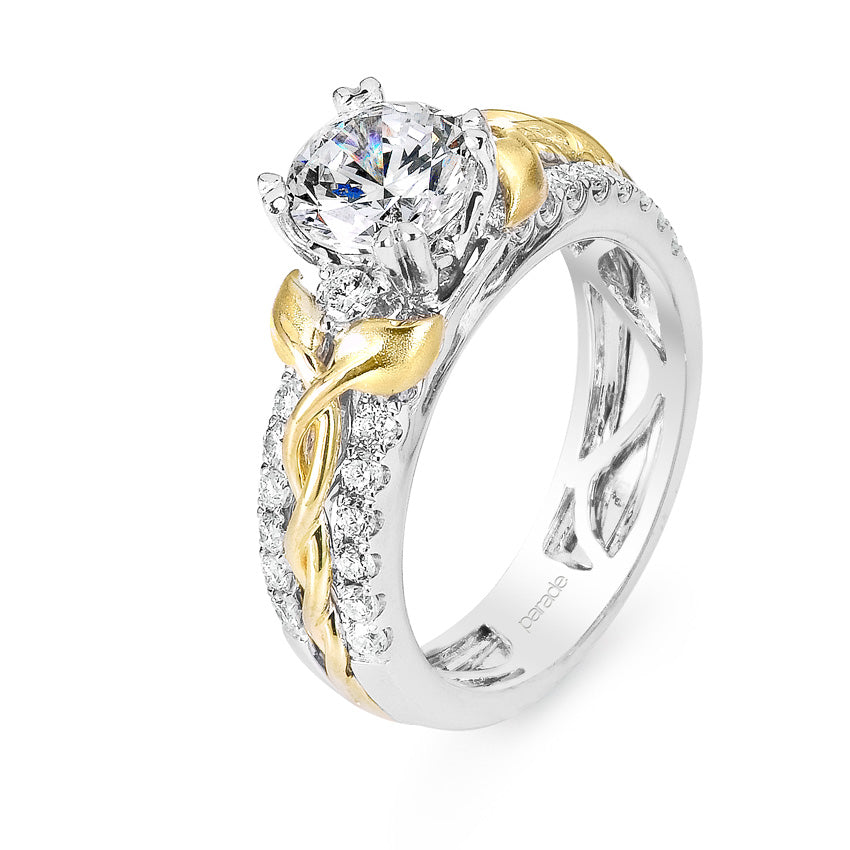 Round Cut Two-Tone Leaf Side Engagement Ring - Michael E. Minden Diamond Jewelers