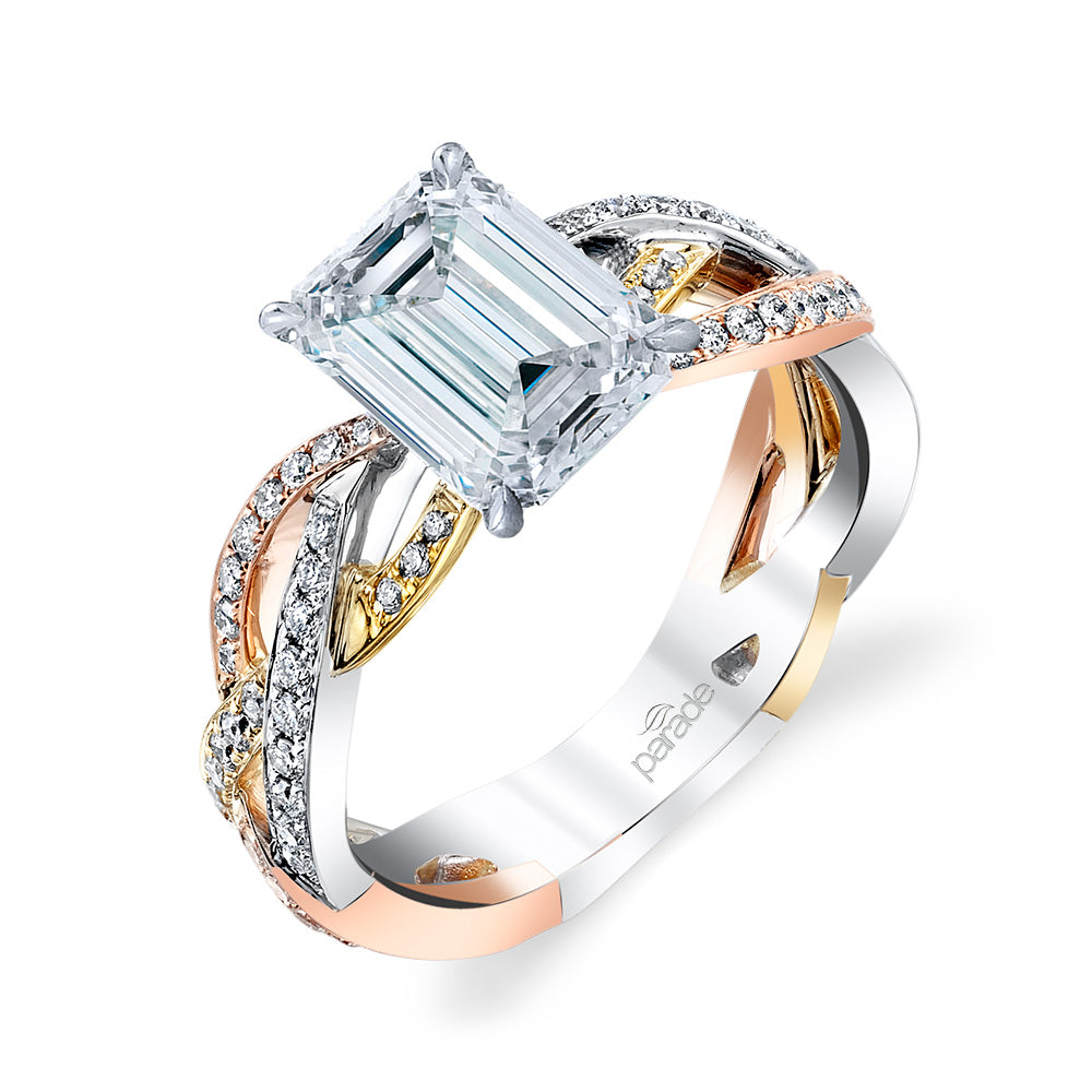 Emerald Tri-Tone Twisted Row Engagement Ring - Michael E. Minden Diamond Jewelers