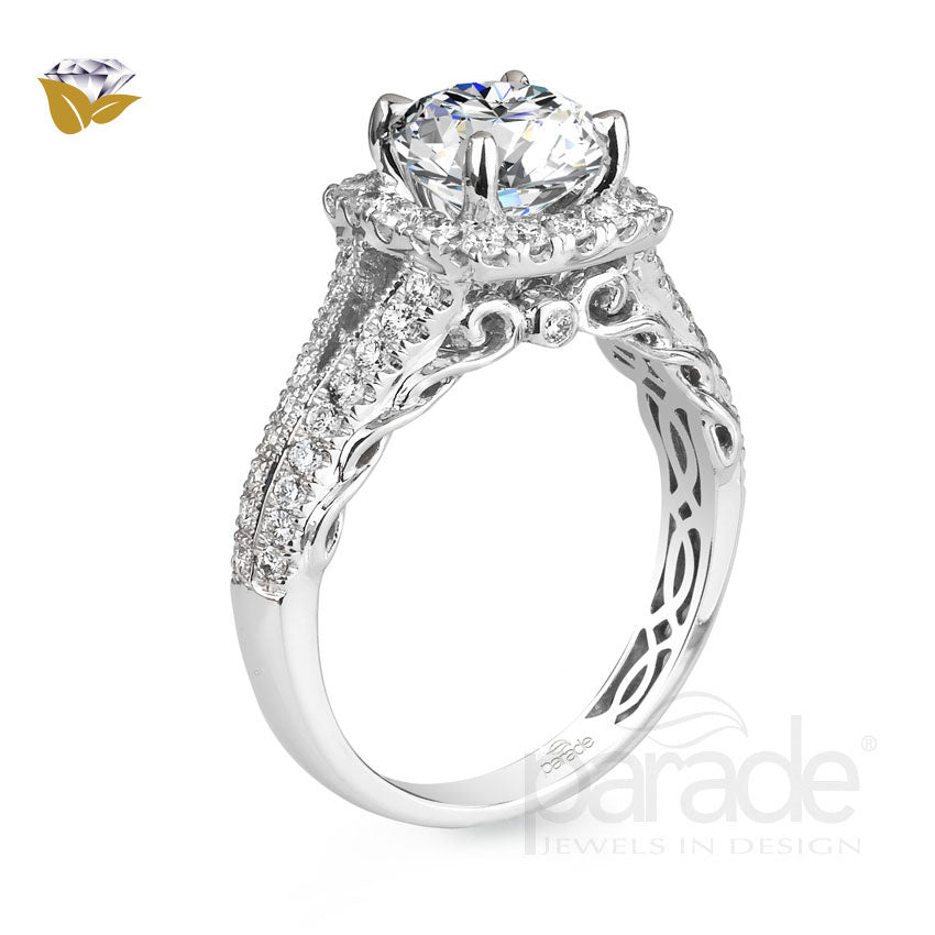 Round Square Halo Split Swirled Shank Engagement Ring - Michael E. Minden Diamond Jewelers
