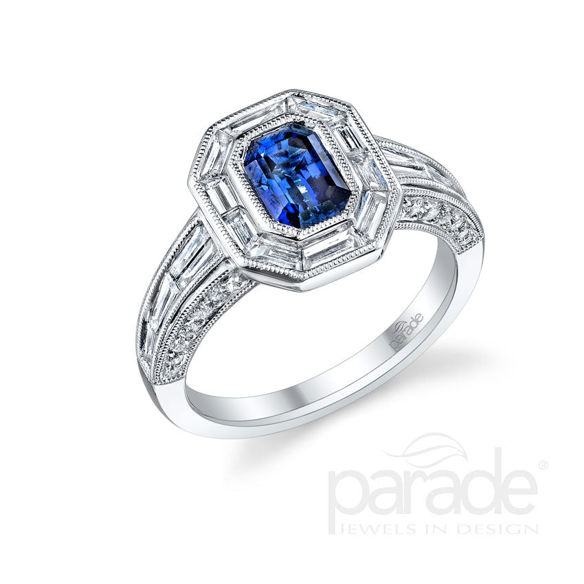 Colored Stone Emerald Shape Dimensional Halo Engagement Ring - Michael E. Minden Diamond Jewelers