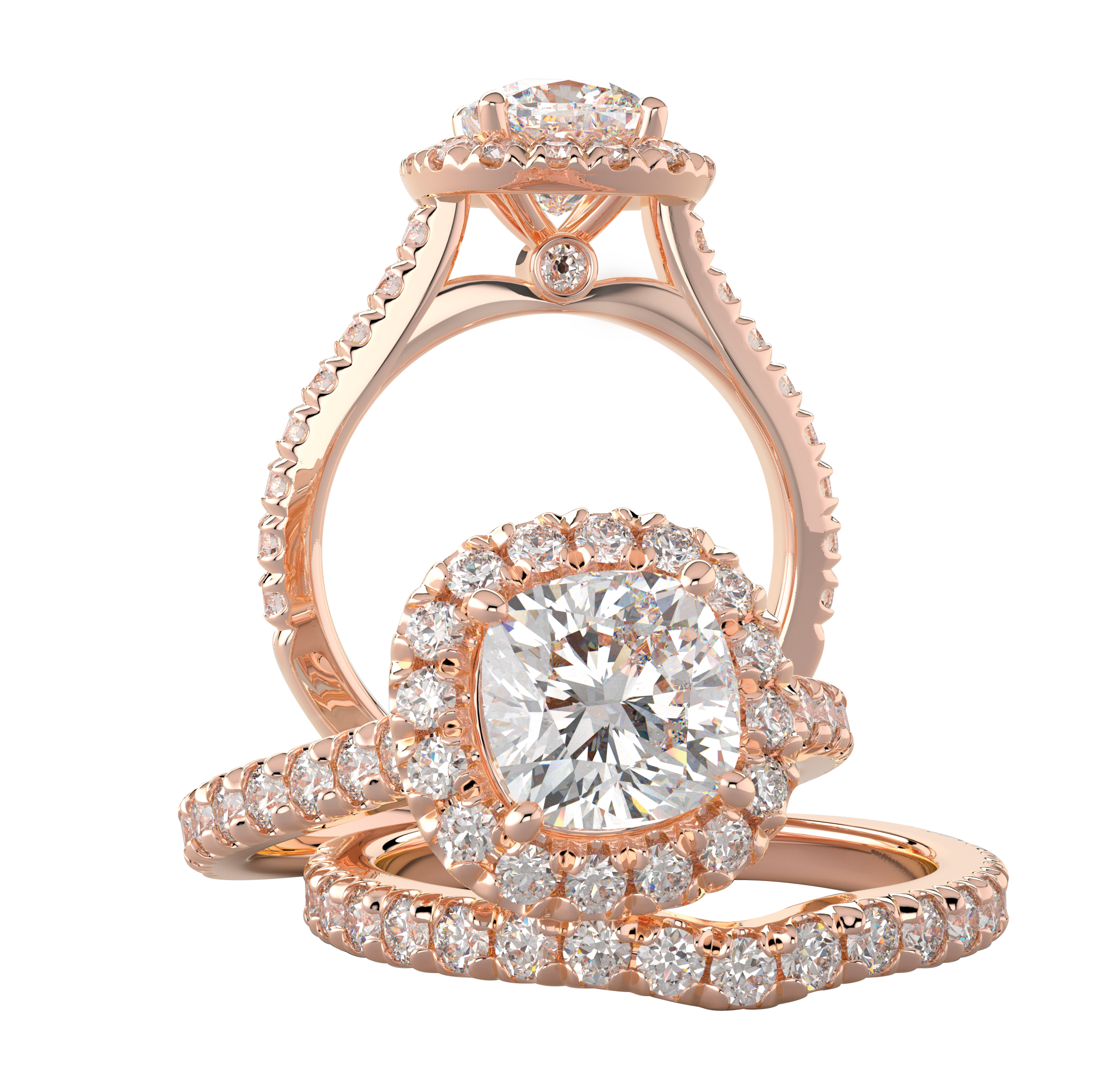 Rose Gold Cushion Halo Wedding Ring Set - Michael E. Minden Diamond Jewelers