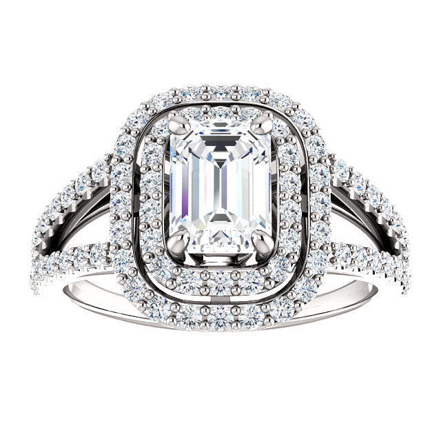 Emerald Double Halo Split Shank Engagement Ring - Michael E. Minden Diamond Jewelers