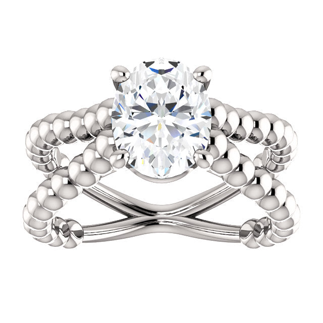 Oval Beaded Solitaire 'X' Ring - Michael E. Minden Diamond Jewelers