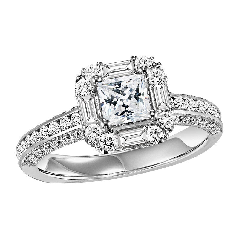 Princess Cut Unique Emerald & Round Halo Engagement Ring - Michael E. Minden Diamond Jewelers