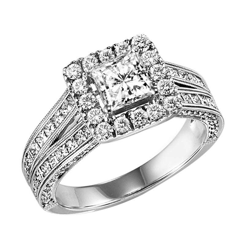 Princess Cut Halo Detailed Milgrain Engagement Ring - Michael E. Minden Diamond Jewelers