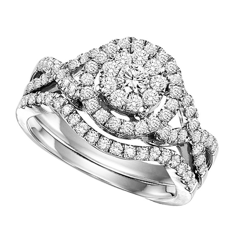 Double Halo Twisted Wedding Ring Set - Michael E. Minden Diamond Jewelers
