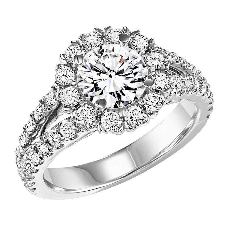 Nature Inspired Round Halo Split Shank Engagement Ring - Michael E. Minden Diamond Jewelers