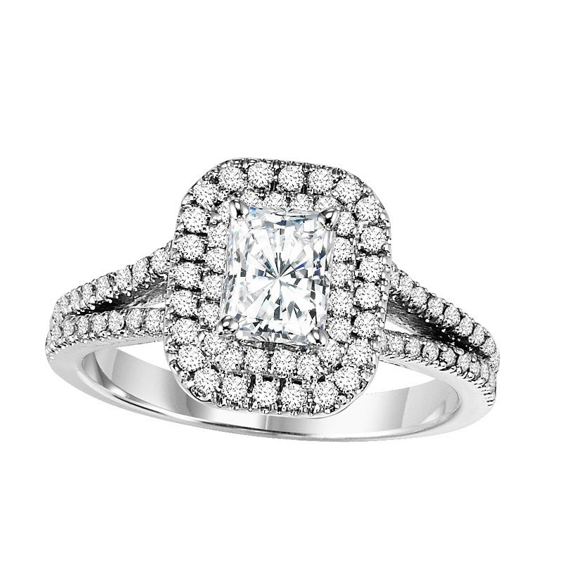 Radiant Cut Double Halo Split Shank Engagement Ring - Michael E. Minden Diamond Jewelers
