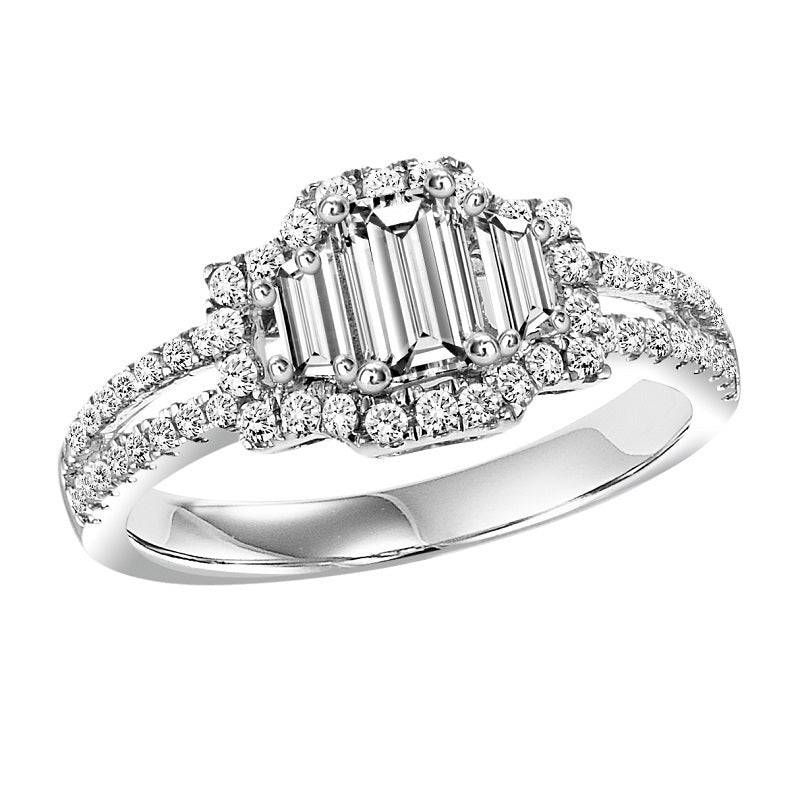 Emerald Three-Stone Halo Split Shank Engagement Ring - Michael E. Minden Diamond Jewelers
