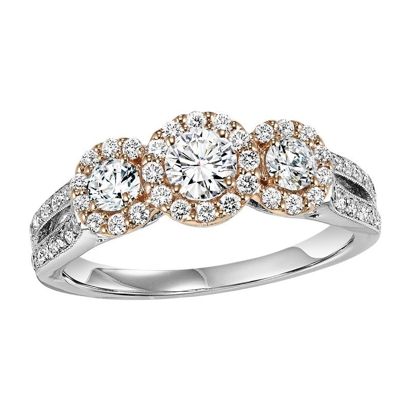 Two-Tone Three-Stone Halo Engagement Ring - Michael E. Minden Diamond Jewelers