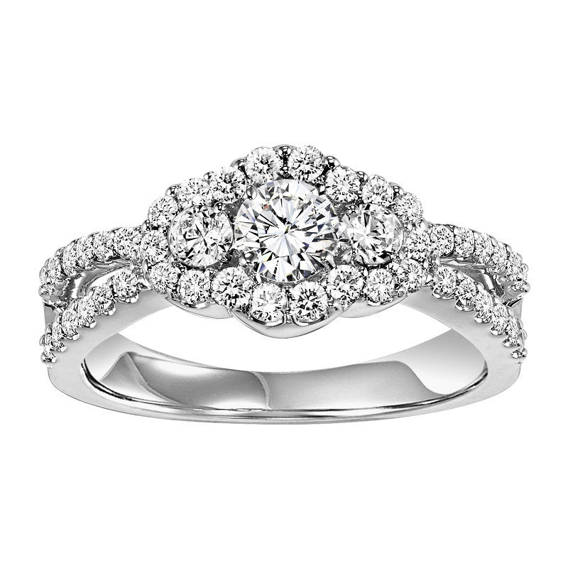 Three-Stone Halo Split Shank Engagement Ring - Michael E. Minden Diamond Jewelers