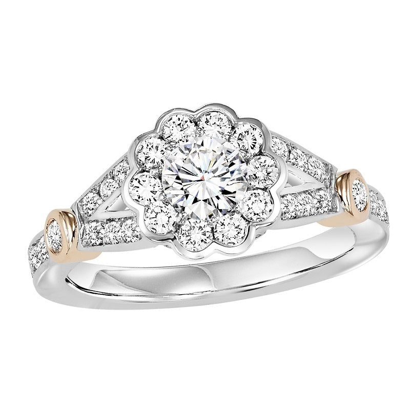 Round Floral Inspired Halo Two-Tone Engagement Ring - Michael E. Minden Diamond Jewelers